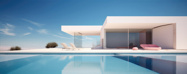 Modern clean minimalistic house with swimming pool and blue sky in summer day. Vacation best property.