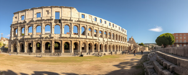 Obraz premium Historical amphitheater stones round building. panorama photo