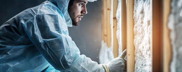 Construction worker installing house wall insulation in new home.