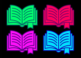 Book neon icons. Textbook silhouette in bright colors. Glowing neon book sign. Set of vector icons.
