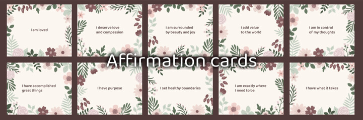 Floral affirmation cards. Positive quotes, phrases, sayings.  Self-care positive and motivational cards. Emotional well-being. Hand-drawn vector illustration. - 630353422