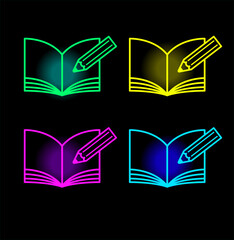 Book neon icons. Textbook silhouette in bright colors. Glowing neon book sign. Set of vector icons.