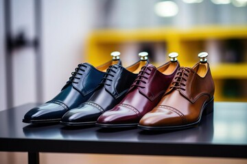 four business shoes with different color sitting on top of a display rack