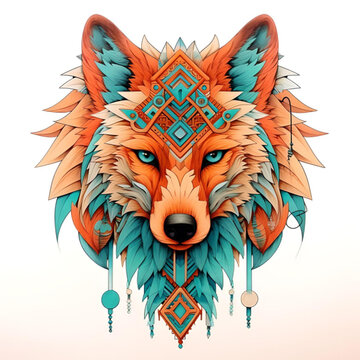 geometric wolf orange teal realistic High Detail