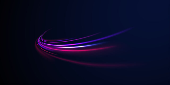 Purple glowing wave swirl. Light and stripes moving fast over dark background. Neon color glowing lines background, high-speed light trails effect. 