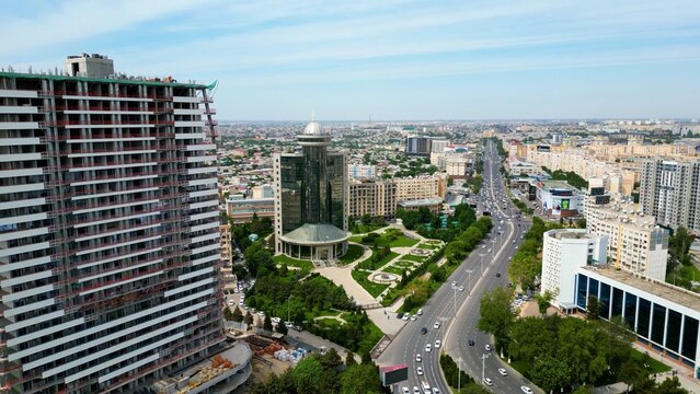 Tashkent, Uzbekistan - May 24, 2021: Aerial view of Tashkent city
