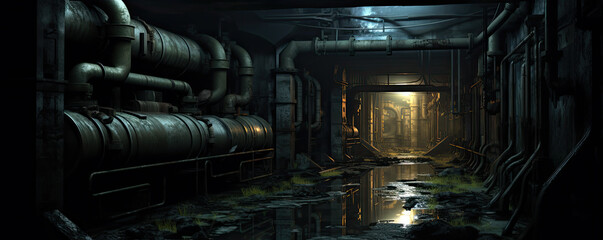Underground sewer system pipes and dark water. - obrazy, fototapety, plakaty