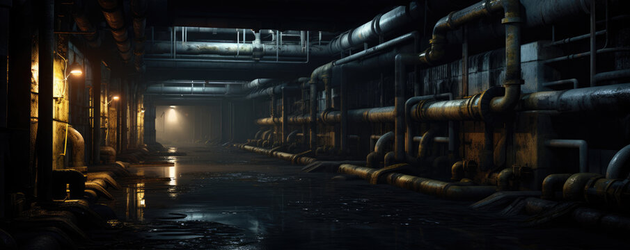 Underground sewer system pipes and dark water.