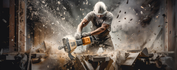 Worker on construction use jackhammer heavy duty equipment.