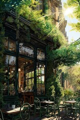 European Cafe with Overgrown Plants in Art Deco Style Cover Painting and Illustration 