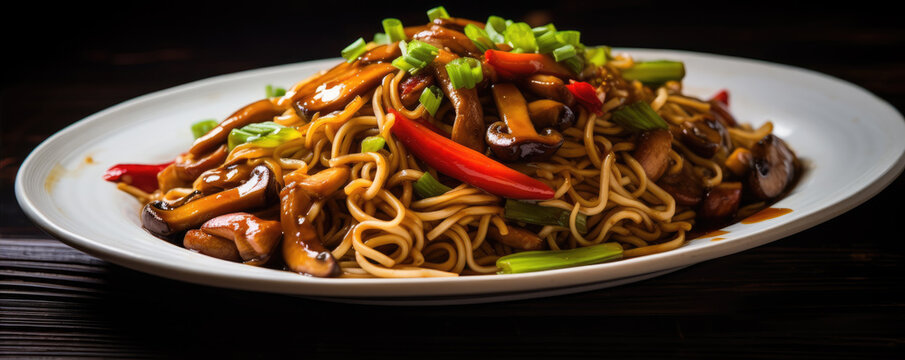Chowmein noodles with mushrooms served in a plate.
