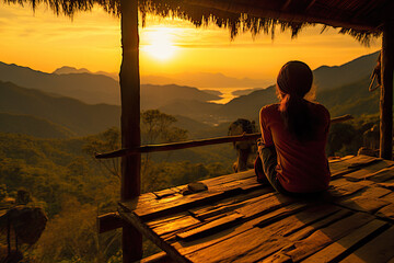 Mountain Serenity Woman Embracing Nature's Golden Hour on Wooden Porch Overlooking High Cliff. created with Generative AI