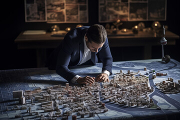 An urban planner, engrossed in details, meticulously studies a sprawling city map. Before them, a table hosts intricate blueprints and models, signifying the city's potential transformation