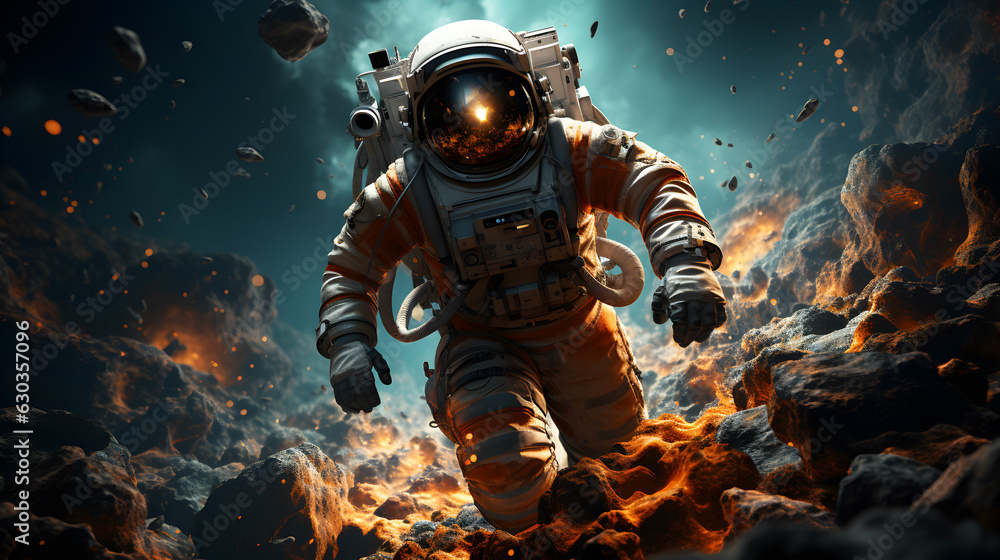 Wall mural spaceman or astronaut on surface of moon.