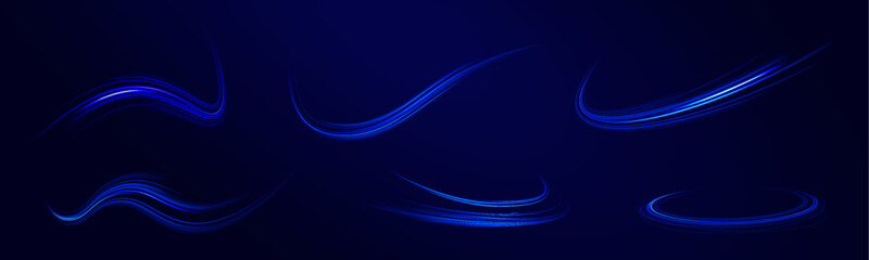 Blue technology background with motion neon light effect. Light everyday glowing effect. The effect of speed on a blue background. Vector Illustration.	