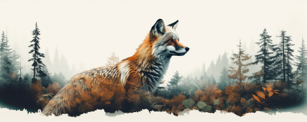 Wild red fox on wite background in wild nature. Fox design or graphic for t-shirt printing. - obrazy, fototapety, plakaty