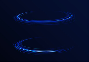Obraz premium Elegant bright neon linear wave. Abstract light lines of movement and speed with blue color and sparkles. Vector background. Neon glowing curves strewn with sparks in a dark space. 