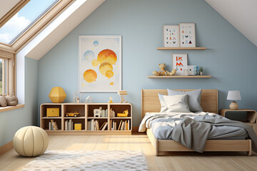 Modern minimalist style,bedroom,window ledge platform with built-in cabinets, small windows, toddler bed, cute children's decorations and hanging pictures.Created with Generative AI Technology.

