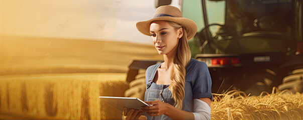 Woman farmer with tablet in her hands  in harvest fiels and machine background.