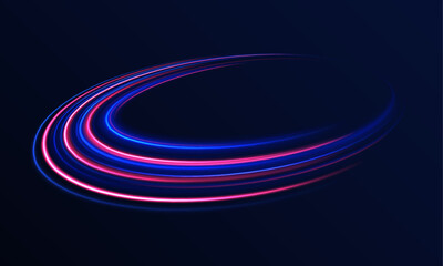 Purple glowing wave swirl.	Neon color glowing lines background, high-speed light trails effect. Magic of moving fast speed police lines. Red and blue glowing neon lights line. Particle motion effect. 