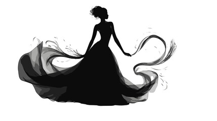 Silhouette of a black girl in a flowing dress on a white background vector