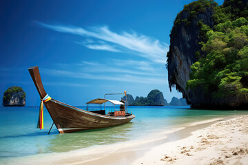 Obraz premium Tropical Paradise Thailand Beach on a Serene Island with Travel Boats during a Breathtaking Summer at Sea. created with Generative AI