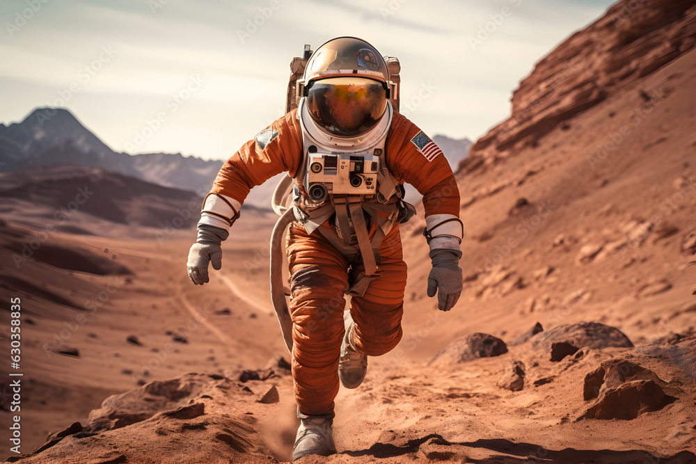 Wall mural spaceman or astronaut running on mars