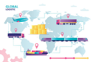Shipping, logistic supply chain, infographic. Export, import concept background with global earth map, pointers and connections. Shipping and service worldwide, world map of delivery.