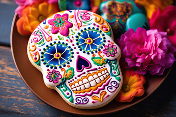 A sugar cookie shaped like a sugar skull with edible flowers and candies