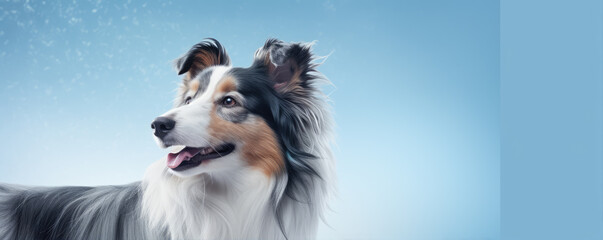 Fototapeta premium Dog portrait on blue background.