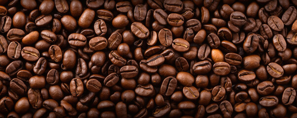 Obraz premium Coffee beans top view. panorama photo.