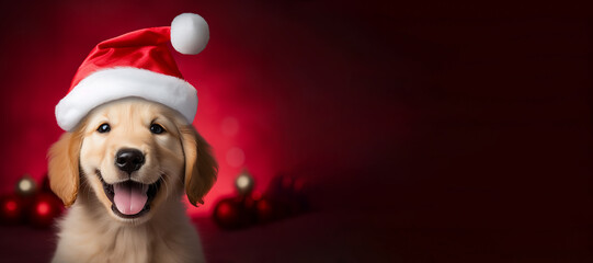 Happy Golden Retriever puppy wearing a Santa hat. Christmas pet theme banner design with copy space. Generative AI image