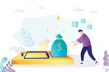 Obraz premium Money bag in mousetrap. Money bait for business people. Concept of saving money in the wrong way, mistakes. Dangerous, risk to lost savings from investments. Risk management,