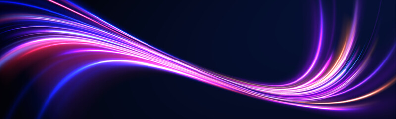 Lines in the shape of a comet against a dark background. Car motion trails. Speed line motion vector background. Acceleration speed motion on night road. 