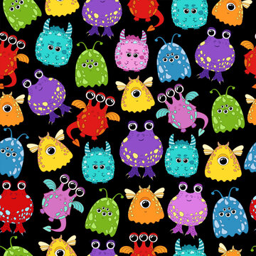 Monsters pattern. Funny cartoon monsters set. Halloween character background. Cute aliens icons isolated. Adorable monster illustration. Childish monsters pattern. Creative kids texture. 