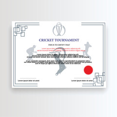 Certificate of participation in cricket tournament, sport school diploma vector template with batsman player in uniform playing in background, sports equipment helmet, bat, ball and glove award frame