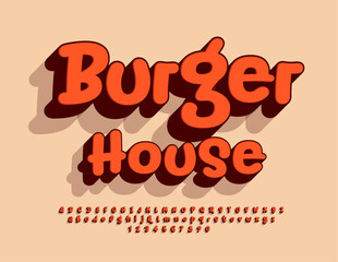 Vector trendy logotype Burger House. 3D artistic Font. Creative set of funky handwritten Alphabet Letters and Numbers