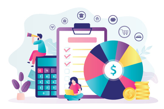 Business people uses various tools and gadgets for planning personal budget. Smart man and woman thinking about earnings and spendings. Diagram chart, calculator and planner.