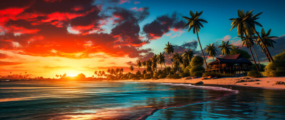 Fototapeta na wymiar Colored beach with palm trees with sunset light and reflections. Vacation, romance. Ai generation