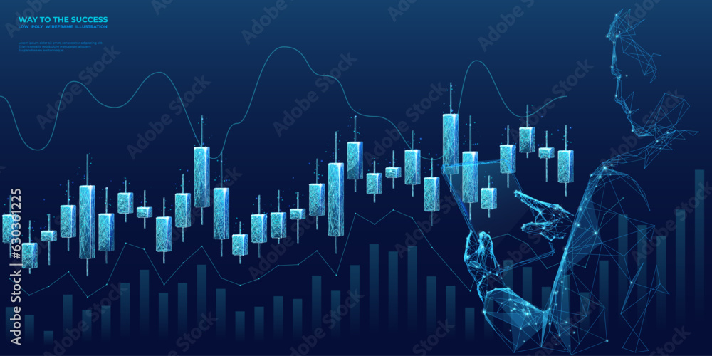 Aufkleber Abstract stock market banner. Digital businessman holding tablet with candlesticks hologram. Graph chart and growing bar. Low poly wireframe vector illustration in futuristic style.