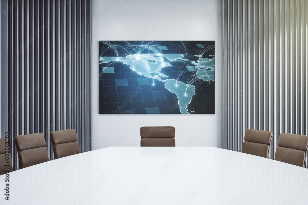Poster abstract digital world map with connections on presentation monitor in a modern boardroom, big data 
