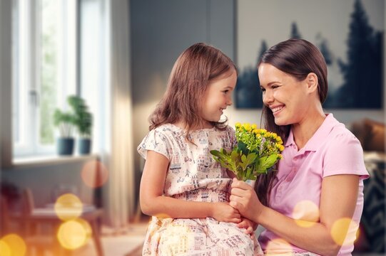 Happy mother with cute daughter at home, AI generated image
