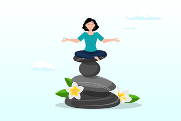 Calm peaceful woman meditate sitting on stack of zen rock pyramid, mindfulness meditation to balance work and life, mental health healing with relaxing yoga, enjoy freedom, peace and solitude (Vector)