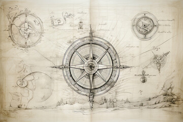 Nautcal compass and vintage map sketch drawing. Exploration and sailing concept. Poster design. Generative Ai - obrazy, fototapety, plakaty