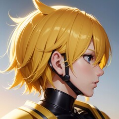 Cute girl yellow short hair anime sci-fi background, generative AI, illustration,