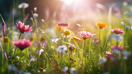 Nature's Beauty: Flowers in the Field with Sunrays and Bokeh