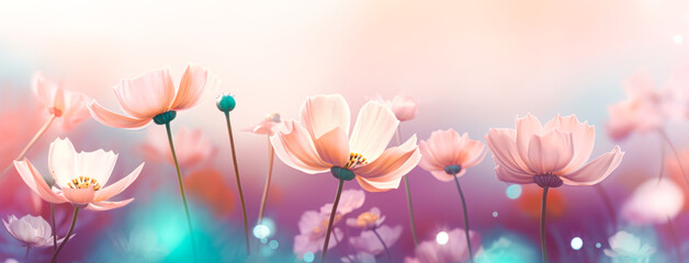 Summer blooming flowers with bokeh background, pastel and bright colors, abstract background of spring, nature sunrise. floral background. Ai generation