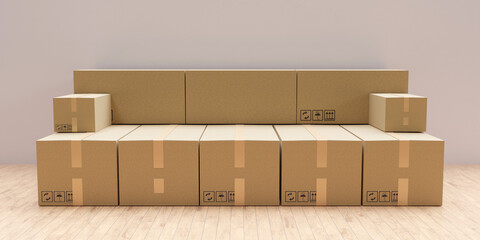 House relocation concept, Moving boxes in sofa shape,