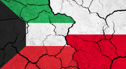 Flags of Kuwait and Poland on cracked surface - politics, relationship concept