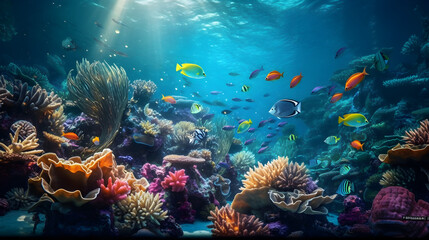 Naklejka na ściany i meble Sunlit Underwater Wonderland: Exploring the Vibrant Marine Life and Coral Reef generated by AI